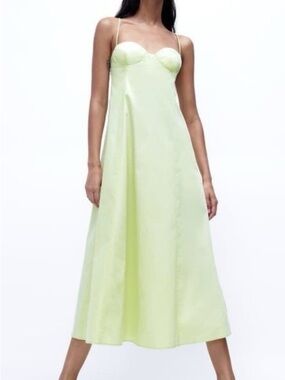 Zara Sz M Poplin Yellow Light Mint Midi Dress